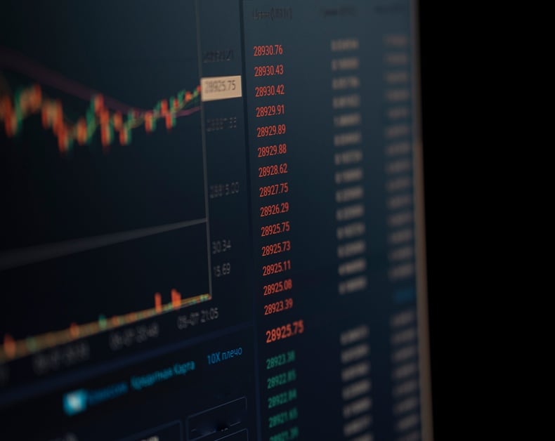 Close-up of a monitor showing stock market data with a fluctuating chart and red price numbers on a dark screen.
