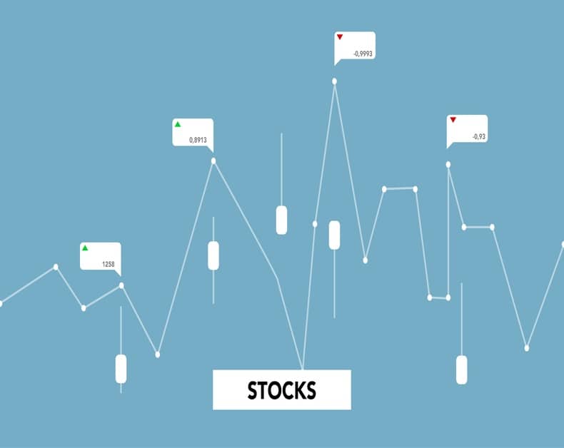 Stock market line chart showing fluctuating prices with data-point markers and a central STOCKS label at the bottom.